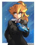  1girl alternate_costume artist_name black_coat black_gloves blonde_hair blue_eyes blush closed_mouth coat earrings eyebrows_visible_through_hair gloves highres jewelry lips long_hair long_sleeves looking_away mag_(magdraws) mario_(series) ponytail princess_peach snow snowing solo 