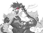  abs anthro biceps big_muscles black_body black_fur black_nose bodily_fluids clothed clothing dialogue drooling eyebrows fangs fur grey_body grey_fur hair male mammal muscular muscular_anthro muscular_male nintendo nipple_piercing nipples nude null-ghost obstagoon open_mouth pecs piercing pok&eacute;mon pok&eacute;mon_(species) red_sclera saliva solo teeth tongue tongue_out topless uvula video_games white_body white_fur 
