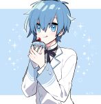  1boy black_bow black_bowtie blue_background blue_eyes blue_hair blue_nails bow bowtie commentary food formal fruit holding holding_food kaito_(vocaloid) looking_at_viewer male_focus nail_polish solo strawberry suit upper_body vocaloid white_suit yoshiki 
