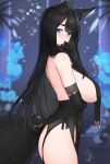  1girl animal_ears bangs bare_shoulders black_dress black_hair blue_eyes breast_curtains breasts dress duplicate elbow_gloves fox_ears fox_girl fox_tail garter_straps gloves hayabusa highres large_breasts long_hair looking_at_viewer original pixel-perfect_duplicate ribbon sideboob solo tail thick_eyebrows thighs 