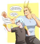  2boys all_might alternate_universe bangs black_pants black_sclera black_shirt blonde_hair blue_eyes boku_no_hero_academia clenched_hands colored_sclera english_text fighting_stance fingerless_gloves gloves grey_hair grey_shirt grin highres large_pectorals male_focus multiple_boys muscular muscular_male pants pectorals red_eyes shigaraki_tomura shirt short_hair smile speech_bubble teeth thick_eyebrows trevo_(trevoshere) white_background wrinkled_skin yellow_background yellow_gloves younger 