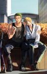  2boys absurdres blonde_hair eating food green_hair highres kotomine_(a1569) leaning_on_person long_sleeves male_focus multiple_boys one_piece onigiri outdoors roronoa_zoro sanji sitting sleeping sleeping_on_person sleeping_upright sleeveless yaoi 