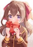  1girl blazer box brown_background brown_hair brown_jacket brown_sailor_collar candy chocolate delicious_party_precure eyebrows_visible_through_hair food gift gift_box gradient gradient_background hair_between_eyes hair_ribbon heart heart-shaped_box heart-shaped_chocolate highres jacket long_hair looking_at_viewer nagomi_yui precure purple_eyes red_ribbon ribbon sailor_collar school_uniform solo twintails twitter_username upper_body valentine yukinko_(yukiwork) 