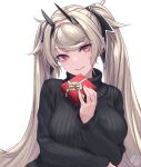  1girl arm_under_breasts arm_up ash_arms bangs black_ribbon black_sweater blonde_hair box breasts crossed_arms eyebrows_visible_through_hair fw190_(ash_arms) gift gift_box headgear highres holding holding_box holding_gift large_breasts long_hair looking_at_viewer red_eyes ribbon rokuwata_tomoe smile solo sweater swept_bangs turtleneck turtleneck_sweater twintails upper_body valentine white_background 
