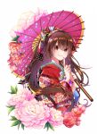  1girl bangs brown_eyes brown_hair closed_mouth eyebrows_visible_through_hair floating_hair floral_print flower furisode hair_between_eyes hihooo holding holding_umbrella index_finger_raised japanese_clothes kimono long_hair long_sleeves oil-paper_umbrella original pink_flower pink_umbrella print_kimono red_kimono shiny shiny_hair simple_background smile solo umbrella very_long_hair white_background white_flower yukata 