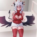  1girl absurdres bare_shoulders bed bedroom black_horns black_wings blush breasts cleavage cleavage_cutout clothing_cutout demon_girl demon_horns demon_tail feathered_wings garter_belt garters happy_valentine heart heart-shaped_pupils helltaker highres horns large_breasts medium_hair modeus_(helltaker) red_eyes red_legwear red_sweater ribbed_shirt ribbed_sweater shirt skirt sleeveless sleeveless_shirt sleeveless_sweater sweater symbol-shaped_pupils tail tehhank thighhighs thighs turtleneck turtleneck_sweater valentine white_hair white_skirt wings 