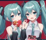  2girls aqua_eyes aqua_hair aqua_nails aqua_necktie bare_shoulders black_sleeves box box_of_chocolates candy chocolate clone collarbone commentary detached_sleeves food furrowed_brow grey_shirt hair_ornament happy_valentine hatsune_miku headphones heart heart-shaped_box heart-shaped_chocolate highres holding holding_box holding_chocolate holding_food light_blush long_hair looking_at_viewer multiple_girls necktie noneon319 open_mouth red_background shirt shoulder_tattoo sleeveless sleeveless_shirt smile tattoo twintails twitter_username upper_body valentine vocaloid 