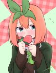  1girl bangs black_sweater blue_eyes blush bow box collared_shirt commentary_request covered_mouth dress_shirt eyebrows_behind_hair flying_sweatdrops gift gift_box go-toubun_no_hanayome green_bow green_jacket green_ribbon hair_between_eyes hair_ribbon hands_up heart-shaped_box highres holding holding_gift jacket kujou_karasuma layered_sleeves long_sleeves looking_at_viewer nakano_yotsuba orange_hair plaid plaid_background ribbon shirt signature sleeves_past_wrists solo sweater upper_body white_shirt 