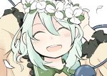  1girl ^_^ alternate_headwear blouse blush clip_studio_paint_(medium) closed_eyes collared_blouse commentary_request eyebrows_visible_through_hair face flower green_hair happy head_wreath komeiji_koishi long_sleeves medium_hair open_mouth simple_background touhou upper_body white_background white_flower yamase yellow_blouse 