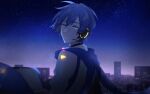  1boy blue_eyes blue_hair city_lights cityscape commentary earphones from_behind highres kaito_(vocaloid) kaito_(vocaloid3) looking_at_viewer looking_back male_focus night night_sky parang_99 sky smile solo star_(sky) starry_sky vocaloid 