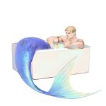  1boy bathtub blonde_hair blue_scales completely_nude full_body head_fins highres luguoadeli_(weibo5263688910) male_focus merman monster_boy monsterification muscular muscular_male nude reiner_braun rubber_duck shingeki_no_kyojin short_hair solo water 