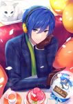  1boy akiyoshi_(tama-pete) anniversary balloon blue_eyes blue_hair cake cat commentary cup food gloves hand_on_own_chin happy_birthday kaito_(vocaloid) looking_at_viewer male_focus scarf smile snow_globe solo teacup vocaloid white_cat 