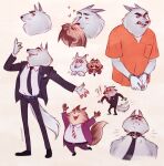 2022 absurd_res anthro blush bottomwear canid canine canis clothing collar domestic_cat duo eyes_closed felid feline felis handcuffed hi_res humanoid_hands jerry_(sing) jimmy_crystal kissing leash mammal multiple_poses necktie pants pose shirt simple_background size_difference slightly_chubby solo suit tail_motion tailwag topwear tverdokris white_body wolf 