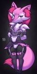  007delta anthro bow braixen bulge choker clothing fluffy fluffy_tail fur girly hands_behind_back hi_res inner_ear_fluff jewelry legwear maid_uniform male neck_tuft necklace nintendo pink_body pink_fur pink_nose pok&eacute;mon pok&eacute;mon_(species) purple_eyes simple_background solo thigh_highs tuft uniform video_games white_body white_fur 