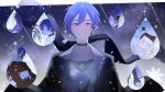  1boy blue_eyes blue_hair choker commentary highres jacket kaito_(vocaloid) long_sleeves male_focus parang_99 scarf smile snowflakes solo vocaloid water_drop 