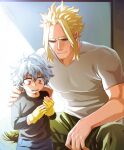  2boys all_might alternate_universe bangs black_sweater blonde_hair boku_no_hero_academia brown_pants closed_mouth gloves grey_hair grey_shirt half-closed_eyes half_gloves head_on_another&#039;s_shoulder highres looking_at_another male_focus messy_hair multiple_boys muscular muscular_male pants parted_bangs pectorals red_eyes shigaraki_tomura shiny shiny_hair shirt smile sweater tearing_up teeth thick_eyebrows trevo_(trevoshere) upper_teeth yellow_gloves younger 