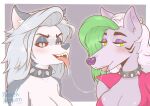  absurd_res anthro blush bodily_fluids breasts canid canine canis claws clothing collar collar_only damienkamien duo ear_piercing eyebrows female female/female five_nights_at_freddy&#039;s five_nights_at_freddy&#039;s:_security_breach fur green_body green_hair grey_body grey_fur grey_hair hair helluva_boss hi_res lips loona_(helluva_boss) makeup mammal nude piercing pink_clothing purple_nose red_eyes roxanne_wolf_(fnaf) saliva saliva_string scottgames simple_background spiked_collar spikes teeth tongue tongue_out video_games wolf yellow_eyes 