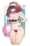  1girl absurdres artist_name ball bare_shoulders beachball black_eyes black_nails bracelet breasts brown_hair choker cleavage collarbone covered_navel eyebrows_visible_through_hair gris_swimsuit highres holding holding_ball holding_beachball jewelry large_breasts looking_at_viewer medium_hair meme_attire original psidubs solo translated 