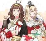  2girls ahoge alternate_costume blonde_hair box braid brown_hair closed_eyes coat coat_on_shoulders crown double_bun french_braid gift gift_box gloves hairband kantai_collection kongou_(kancolle) long_hair long_sleeves mini_crown multiple_girls official_alternate_costume scarf warspite_(kancolle) white_gloves white_scarf yamada_rei_(rou) 