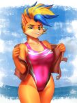  2022 absurd_res activision anthro bandicoot blonde_hair blue_hair breasts clothing cloud crash_bandicoot_(series) ear_piercing ear_ring female fur hair hi_res inner_ear_fluff jacket looking_at_viewer mammal marsupial multicolored_hair mykegreywolf notched_ear one-piece_swimsuit piercing sea shoulder_tuft sky solo swimwear tawna_bandicoot teeth topwear tuft undressing video_games water 
