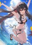  1girl :d absurdres armpits arms_up bangs beach bikini black_bikini black_footwear black_hair breasts colored_tips commentary_request floating_hair flower-shaped_pupils frilled_bikini frills genshin_impact gradient_hair hair_between_eyes highres hu_tao_(genshin_impact) jumping long_hair looking_at_viewer multicolored_hair open_mouth outstretched_arms red_eyes red_hair shoes small_breasts smile solo splashing swimsuit symbol-shaped_pupils teeth thigh_strap thighs twintails upper_teeth very_long_hair water yi_(saver5607) 