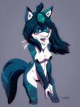  absurd_res anthro askknight blue_body blue_eyes blue_fur blue_hair blush breasts canid canine canis coyote digital_media_(artwork) female fur hair hi_res leona_(character) long_hair looking_at_viewer mammal markings nude simple_background solo tribal tribal_markings 