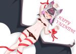  1girl animal_ears bangs bat_ears bat_wings black_hair blush bow breasts cacaocreate collarbone common_vampire_bat_(kemono_friends) eyebrows_visible_through_hair feet_out_of_frame grey_hair hair_ornament head_wings highres kemono_friends lace looking_at_viewer lying multicolored_hair navel open_mouth pink_hair purple_eyes purple_hair short_hair small_breasts smile solo valentine wings 