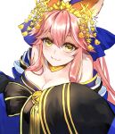  1girl :3 animal_ear_fluff animal_ears bare_shoulders bell blue_bow blue_kimono blue_ribbon blush bow breasts cleavage crown fate/grand_order fate_(series) fox_ears fox_girl hair_ribbon highres hoshimori_mei japanese_clothes kimono large_breasts looking_at_viewer off_shoulder pink_hair ribbon simple_background smile solo tamamo_(fate) tamamo_no_mae_(fate/extra) white_background yellow_eyes 