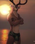  3_fingers anthro antlers atlasfield avoid_posting balls_outline bambi_(film) brown_body brown_eyes brown_fur bulge cervid clothing crossed_arms disney fingers fur genital_outline half-closed_eyes hi_res horn male mammal muscular muscular_male narrowed_eyes penis_outline seaside signature solo sunset swimwear tan_body tan_fur the_great_prince_of_the_forest tight_clothing tight_swimsuit 