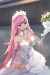  1girl absurdres bangs bare_shoulders bouquet breasts bride cleavage darling_in_the_franxx detached_collar dress elbow_gloves gloves green_eyes headdress highres holding holding_bouquet large_breasts long_hair looking_at_viewer pat_bharasarn pink_hair red_lips solo strapless strapless_dress very_long_hair wedding_dress white_dress white_gloves zero_two_(darling_in_the_franxx) 