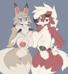  2022 anthro anthro_on_anthro breast_squish breasts breasts_frottage chest_tuft cooliehigh digital_media_(artwork) dipstick_ears female female/female fur genitals gloves_(marking) hi_res leg_markings lycanroc markings multicolored_body multicolored_ears multicolored_fur neck_tuft nintendo pok&eacute;mon pok&eacute;mon_(species) portrait pussy socks_(marking) squish thick_thighs thigh_gap three-quarter_portrait tuft two_tone_body two_tone_fur video_games 
