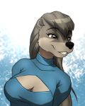  2022 absurd_res anthro breasts brown_eyes cleavage_cutout clothed clothing eyebrows eyelashes female hair hi_res long_hair lutrine mammal mustelid mykegreywolf nat_(mykegreywolf) portrait smile solo 