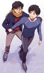  2boys banana_fish black_gloves black_hair blazer brown_eyes company_connection crossover gloves grin hand_on_another&#039;s_shoulder highres ice_skates jacket katsuki_yuuri male_focus multiple_boys okumura_eiji open_mouth pants scarf skates smile studio_mappa symbol-only_commentary track_pants yuri!!!_on_ice zuzu_(zz_bnn) 