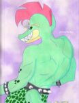  alligator alligatorid anthro belt bracelet crocodilian eyewear fangs five_nights_at_freddy&#039;s five_nights_at_freddy&#039;s:_security_breach green_body grin hi_res hottmutton jewelry looking_away male mohawk montgomery_gator_(fnaf) muscular rear_view reptile rockstar scalie scottgames smile solo spiked_belt spiked_bracelet spikes spots sunglasses teeth video_games 