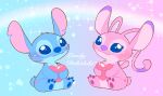  &lt;3 2022 3_toes 4_fingers alien ambiguous_gender angel_(lilo_and_stitch) antennae_(anatomy) antennae_markings blue_body blue_claws blue_eyes blue_fur blue_nose blue_pawpads blush cheek_tuft claws digital_drawing_(artwork) digital_media_(artwork) disney duo ear_markings english_text experiment_(lilo_and_stitch) eyelashes facial_markings facial_tuft feet female_(lore) fingers fur gradient_background head_markings head_tuft holding_heart holidays lilo_and_stitch looking_at_viewer male_(lore) markings notched_ear pawpads pink_body pink_fur purple_claws purple_markings purple_nose purple_pawpads rainbow rzstar simple_background sitting small_tail star stitch_(lilo_and_stitch) text toes tuft valentine&#039;s_day watermark 