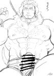  1boy abs animal_ears arm_hair bar_censor bara belt_collar blush censored chest_hair collar cross_scar dog_boy dog_ears dog_tail erection facial_hair feet_out_of_frame greyscale hairy harada_(basashi) houzouin_oniwaka implied_sex kemonomimi_mode large_pectorals male_focus mature_male monochrome muscular muscular_male nipples open_fly pectorals pet_play precum scar scar_on_face scar_on_forehead short_hair sideburns solo stomach stubble tail tokyo_afterschool_summoners topless_male 