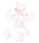  1girl ;d alternate_costume animal_ears apron bangs beer_mug blush bow braid breasts cat_ears cleavage corset cowboy_shot cup dual_wielding eyebrows_visible_through_hair feet_out_of_frame hair_bow hair_ribbon hands_up holding holding_cup isaki_(gomi) kaenbyou_rin long_hair looking_at_viewer medium_breasts monochrome mug multiple_tails nekomata one_eye_closed open_mouth puffy_short_sleeves puffy_sleeves ribbon short_sleeves simple_background smile solo tail thighhighs tongue touhou tress_ribbon twin_braids twintails two_tails waist_apron white_background 