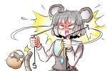  1girl animal_ears bangs basket blue_capelet capelet commentary_request crystal dowsing_rod grey_hair grey_skirt grey_vest highres jewelry long_sleeves mouse mouse_ears mouse_girl mouse_tail nazrin pendant peroponesosu. shirt short_hair simple_background skirt skirt_set sweat sweating_profusely tail touhou vest white_background white_shirt 