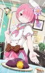  1girl bow brown_bow closed_mouth food hair_over_one_eye hair_ribbon hand_on_hip hat highres indoors looking_at_viewer pink_hair pink_ribbon ram_(re:zero) re:zero_kara_hajimeru_isekai_seikatsu red_eyes ribbon shiny shiny_hair shirt short_hair short_sleeves smile solo standing striped striped_bow sweet_potato white_headwear white_shirt 