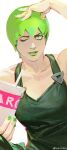  1girl absurdres bare_arms breasts collarbone cup disposable_cup eyelashes foo_fighters green_eyes green_hair green_lips green_nails hand_on_own_head highres jojo_no_kimyou_na_bouken lipstick looking_at_viewer luguoadeli_(weibo5263688910) makeup one_eye_closed short_hair smile solo stone_ocean upper_body weibo_username 