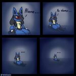  4_panel_comic anthro black_body black_fur blubluumon blue_body blue_fur darkness dialogue feral fur grey_background hi_res lucario male nintendo paws pok&eacute;mon pok&eacute;mon_(species) red_eyes simple_background sitting solo spikes talking_to_self video_games yellow_body yellow_fur 