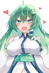  1girl :d absurdres ahoge bangs blush breasts collarbone detached_sleeves eyebrows_visible_through_hair eyelashes gift green_eyes green_hair heart highres holding holding_gift incoming_gift kochiya_sanae large_breasts long_hair long_sleeves looking_at_viewer nontraditional_miko open_mouth sidelocks simple_background smile solo standing touhou valentine wavy_mouth white_background wide_sleeves wing_collar yuzi_(32745637280) 