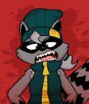  2021 angry anthro beanie black_body black_eyes black_fur black_inner_ear black_nose clothing facial_markings fangs felino front_view fur green_clothing green_hair green_hat green_headwear green_jacket green_topwear green_vest grey_body grey_fur grey_hair hair hands_on_hips hat head_markings headgear headwear jacket jacket_vest japanese_text looking_at_viewer looking_down male mammal markings mask_(marking) open_mouth procyonid raccoon red_background sharp_teeth simple_background sleeveless_jacket solo striped_body striped_fur striped_markings striped_tail stripes tail_markings teeth text text_on_clothing text_on_hat text_on_headwear topwear trick_(tricktrashing) vest 
