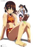  ass bandaid bandaid_on_face bandaid_on_knee bangs bikini black_hair bow brown_eyes brown_hair closed_eyes dark-skinned_female dark_skin eating food fruit green_eyes hair_bow hakuhouin_ayano high_ponytail highres holding holding_food kagariya_momiji knees_up long_hair looking_at_viewer midou_madoka non-web_source official_art orange_bikini profile scan short_hair short_sleeves simple_background sitting smile soreyuke!_uchuu_senkan_yamamoto_youko swimsuit v watanabe_akio watermelon wet white_background yamamoto_youko 