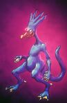  2015 abstract_background ambiguous_gender anthro beak bittertooth blue_body blue_feathers evil_grin feathers golduck grin long_tail membrane_(anatomy) nintendo open_mouth pok&eacute;mon pok&eacute;mon_(species) red_eyes simple_background smile solo tongue tongue_out video_games webbed_feet webbed_hands 