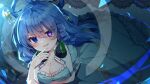  1girl :d arm_under_breasts bangs blue_dress blue_eyes blue_hair blurry blush breasts cleavage collarbone depth_of_field dress drill_locks eyebrows_visible_through_hair finger_to_own_chin fingernails frills hagoromo hair_between_eyes hair_ornament hair_rings hair_stick hand_up headphones headphones_around_neck heart heart-shaped_pupils kaku_seiga lace large_breasts long_hair looking_at_viewer nagai_riku open_clothes open_mouth open_vest puffy_short_sleeves puffy_sleeves see-through shawl short_sleeves smile solo symbol-shaped_pupils touhou vest white_vest wing_collar 