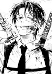 1boy bangs blood blood_on_clothes blood_on_face chainsaw_man chest_harness collared_shirt ear_piercing earrings greyscale hand_on_hilt harness jewelry kadeart katana kishibe_(chainsaw_man) long_bangs looking_at_viewer male_focus monochrome multiple_piercings multiple_swords necktie parted_bangs piercing portrait shirt short_hair sketch smile solo sweat sword twitter_username weapon weapon_on_back wing_collar younger 