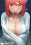  1girl absurdres artist_name bangs bed_sheet blue_bow bow breasts chocolate chocolate_on_breasts collarbone commentary english_commentary english_text eyebrows_visible_through_hair fav_faris food_in_mouth hair_between_eyes hair_bow happy_valentine highres kohaku_(tsukihime) large_breasts looking_at_viewer mouth_hold naked_sheet red_hair short_hair smile solo tsukihime upper_body valentine yellow_eyes 