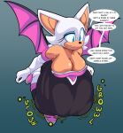  absurd_res annoyed anthro belly big_belly big_breasts blue_eyeshadow bodily_fluids breasts chiropteran cleavage clothed clothing digestion english_text eyeshadow female female_pred flying foxynoms hi_res leaning leaning_forward makeup mammal oral_vore rouge_the_bat rumbling_stomach sega solo sonic_the_hedgehog_(series) sweat talking_to_another text vore 
