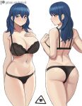  1girl ass bangs black_bra black_panties blue_eyes blue_hair bra breasts byleth_(fire_emblem) byleth_(fire_emblem)_(female) closed_mouth cowboy_shot donburi_(donburikazoku) facing_away fire_emblem fire_emblem:_three_houses highres large_breasts long_hair multiple_views navel panties patreon_username simple_background stomach underwear underwear_only white_background 